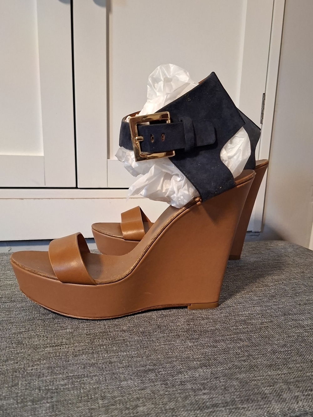 Hugo Boss Tan Platform Wedges with Black Ankle Cuff‎